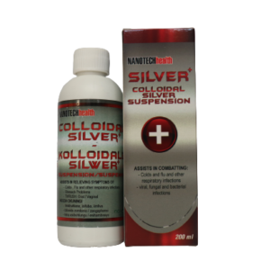 Product image of Colloidal Silver (Viral Guard) 200ml in a clear bottle with a blue label, highlighting its natural health benefits.