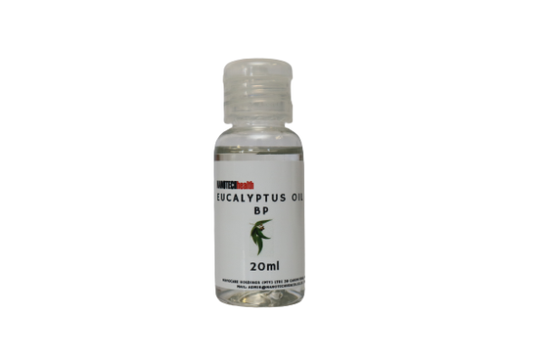 Nanotech Health Eucalyptus Oil 20ml bottle on a clean background, highlighting its compact size and the natural essence of eucalyptus for wellness.