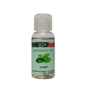ottle of Nanotech Health Peppermint Oil Drops 20ml on a neutral background, highlighting the product's sleek packaging and labeling.