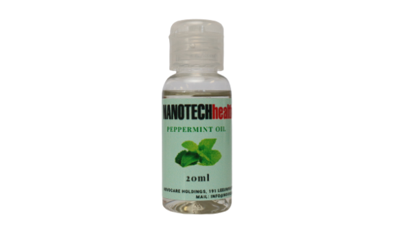 ottle of Nanotech Health Peppermint Oil Drops 20ml on a neutral background, highlighting the product's sleek packaging and labeling.