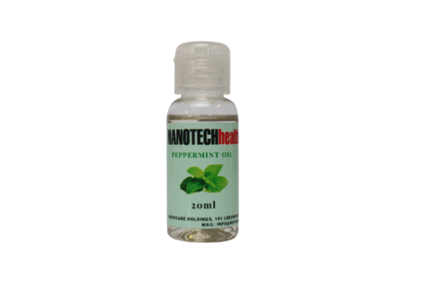 ottle of Nanotech Health Peppermint Oil Drops 20ml on a neutral background, highlighting the product's sleek packaging and labeling.