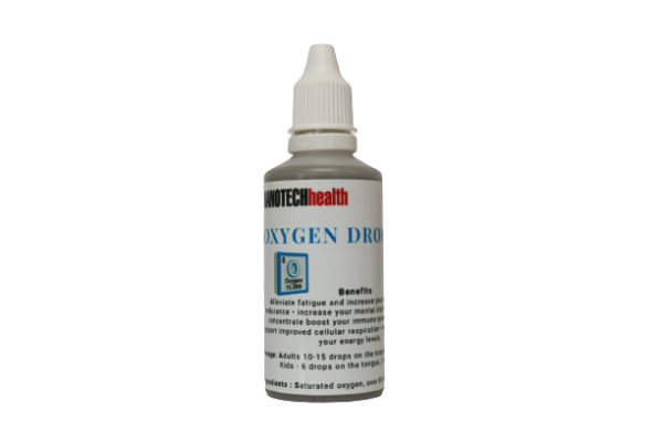 Nanotech Health Oxygen Drops 50ml product bottle, showcasing the label with logo and key product details.