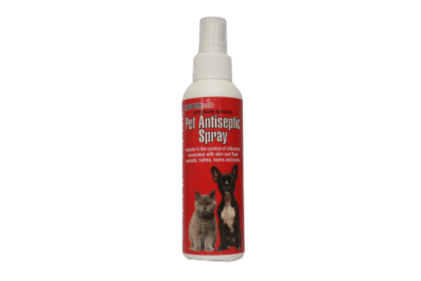 Nanotechhealth Pet Antiseptic Spray 125ml bottle with clear label, positioned against a simple background, highlighting its key features for pet skin care.