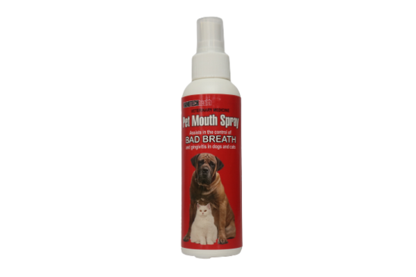 25ml bottle of Pet Mouth Spray displayed against a white background, emphasizing its compact size and easy-to-use spray nozzle for pet oral health care.