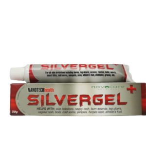 Silver Wound Gel 50g product packaging and tube displayed against a clean, white background, highlighting the sleek, medicinal design.
