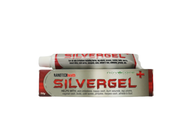 Silver Wound Gel 50g product packaging and tube displayed against a clean, white background, highlighting the sleek, medicinal design.