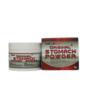 Image of 25g Stomach Ache Relief Powder package, featuring branding and product information, on a clean background.