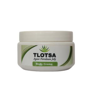 Tlotsa Body Cream 250g container displayed against a white background, highlighting its green label and the unique blend of African Agave and aloe ingredients for skin hydration and care." For more details, you can visit the website directly​ (Nanotech Health)​.