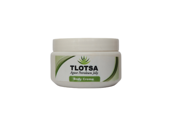 Tlotsa Body Cream 250g container displayed against a white background, highlighting its green label and the unique blend of African Agave and aloe ingredients for skin hydration and care." For more details, you can visit the website directly​ (Nanotech Health)​.