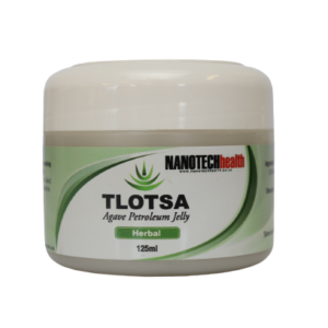 Tlotsa Herbal Jelly 125g container displayed, highlighting its green and white packaging, emphasizing the natural Agave aloe ingredient.