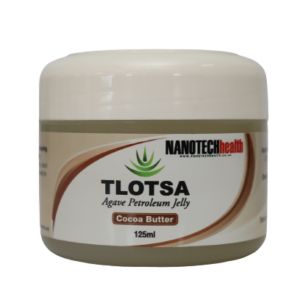 Tlotsa Jelly Cocoa Butter 125g container displayed, highlighting its green and white packaging, emphasizing the natural Agave aloe ingredient.