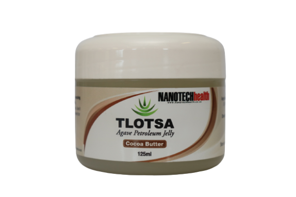 Tlotsa Jelly Cocoa Butter 125g container displayed, highlighting its green and white packaging, emphasizing the natural Agave aloe ingredient.