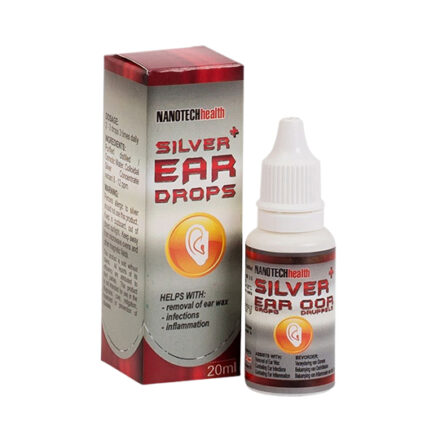 Image of Nanotechhealth Silver Ear Drops 20ml bottle with packaging, highlighting the product's sleek design and clear labeling for easy identification.