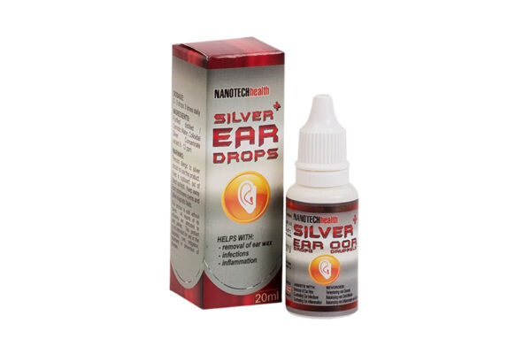 Image of Nanotechhealth Silver Ear Drops 20ml bottle with packaging, highlighting the product's sleek design and clear labeling for easy identification.