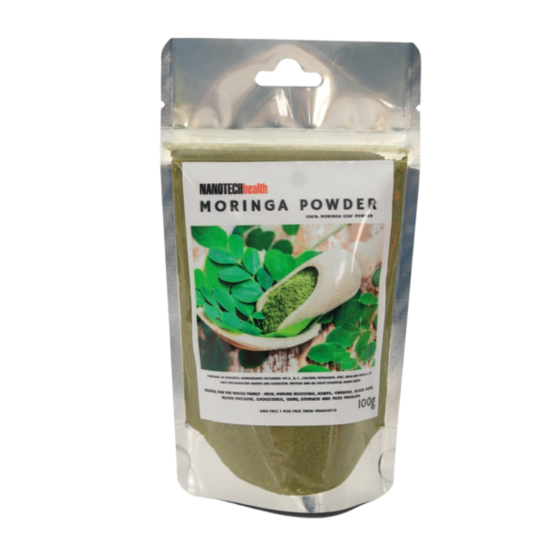 Nanotech Health Moringa and Neem Mix 100g packaging, showcasing the product's vibrant green powder blend designed for optimal health benefits.