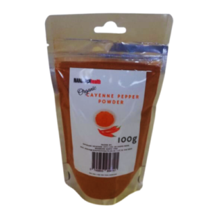 Container of Nanotech Health Cayenne Pepper Powder 100G, showcasing the vibrant red powder and product labeling.
