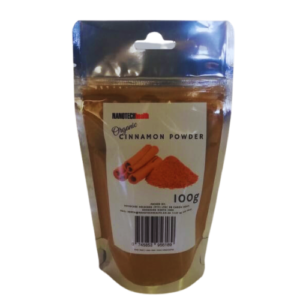 Packaged Nanotech Health Cinnamon Powder 100G on a clean, white background, highlighting the product's natural, aromatic essence and its health benefits.